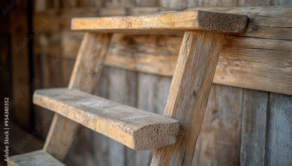Rustic Wooden Ladder in a Barn, A Sturdy, Solid, and Grainy Stairway for Reaching High Places in a Historic Building Rustic Wooden Ladder in a Barn, A Sturdy, Solid, and Grainy Stairway for Reaching High Places in a Historic Building