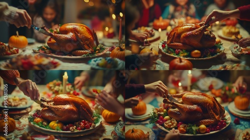 Thanksgiving Turkey: "A golden, roasted turkey being carved at the head of a beautifully decorated Thanksgiving table