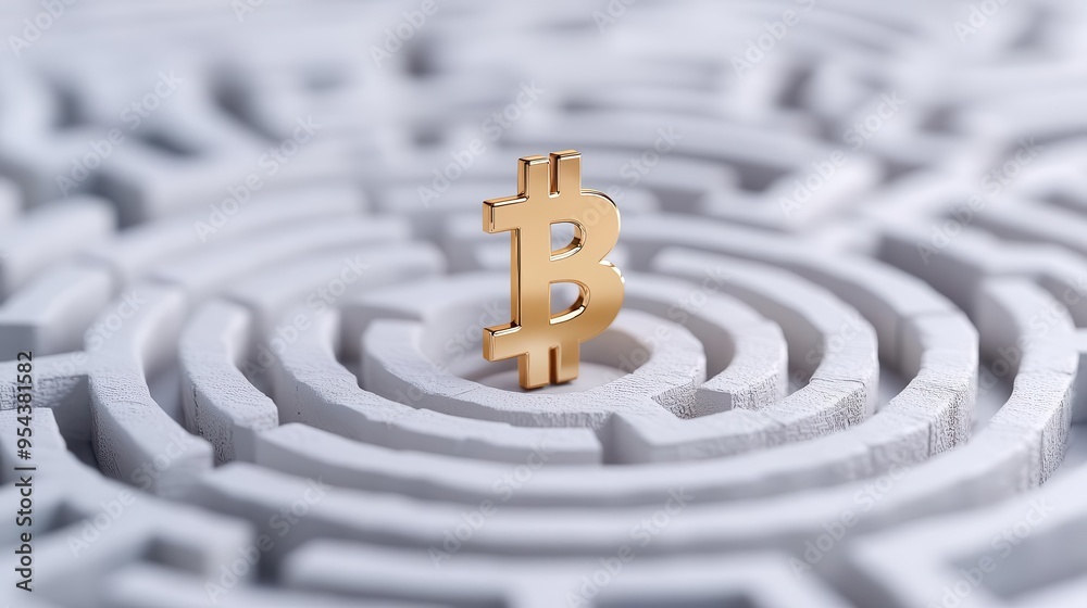 A golden bitcoin symbol stands out in the center of a complex maze, representing financial challenges and investments. A golden bitcoin symbol stands out in the center of a complex maze, representing financial challenges and investments.