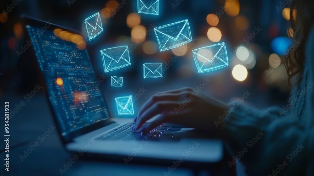 Hand using laptop with email icons on blue background. Hand using laptop with email icons on blue background.