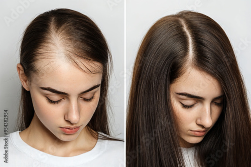 Before and after female hair transplantation show successful treatment. Significant hair density restoration and scalp rejuvenation post surgery. Hair loss treatment, hair transplantation, collage. Re