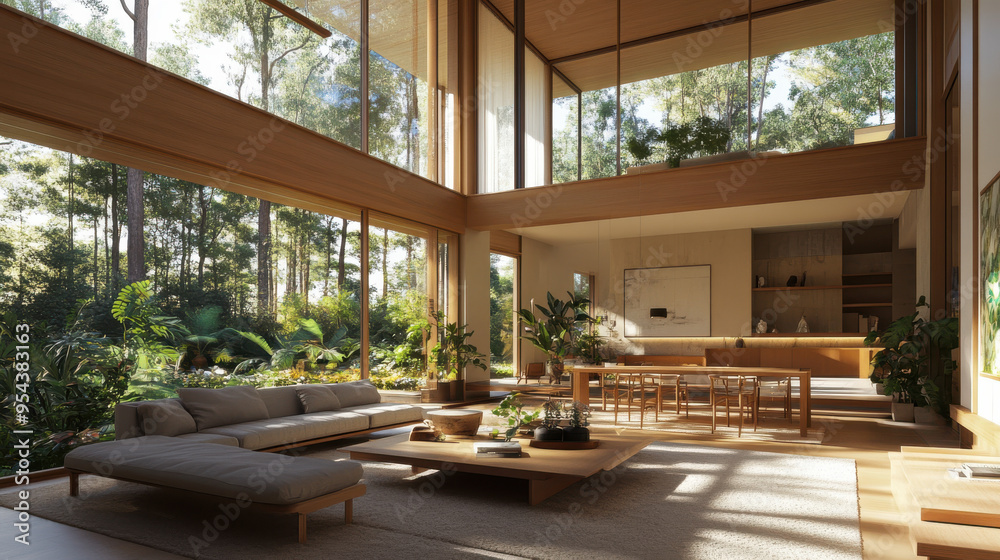 Bright and airy modern living room with double-height ceilings, expansive windows, Bright and airy modern living room with double-height ceilings, expansive windows,