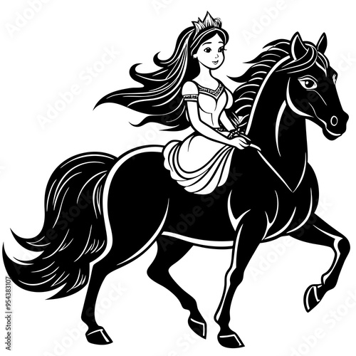 Elegant Princess Riding a Galloping Horse Vector Art