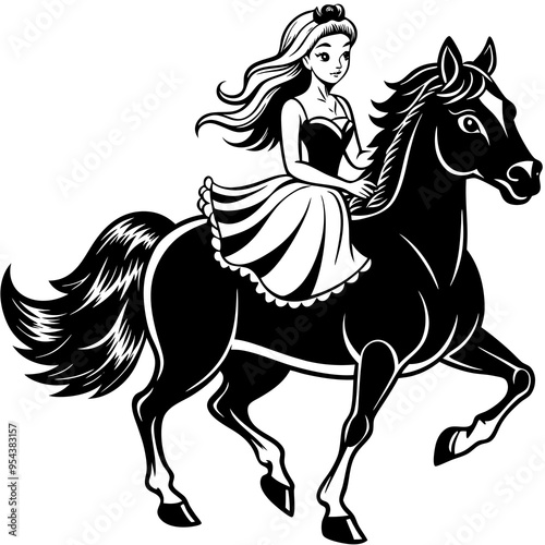 Elegant Princess Riding a Galloping Horse Vector Art