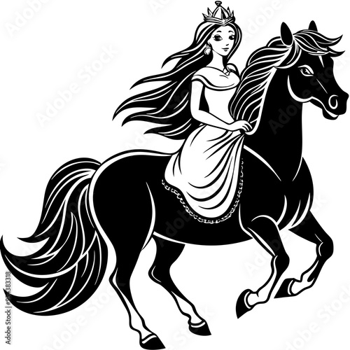 Elegant Princess Riding a Galloping Horse Vector Art