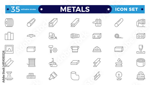 Metals icons set. Outline set of metallurgy vector icons for ui design. Steel products, thin line icon set. Outline icon collection. Editable stroke outline icon. 