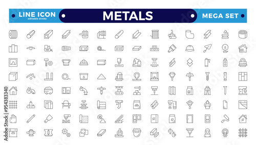 Metals icons set. Outline set of metallurgy vector icons for ui design. Steel products, thin line icon set. Outline icon collection. Editable stroke outline icon. 