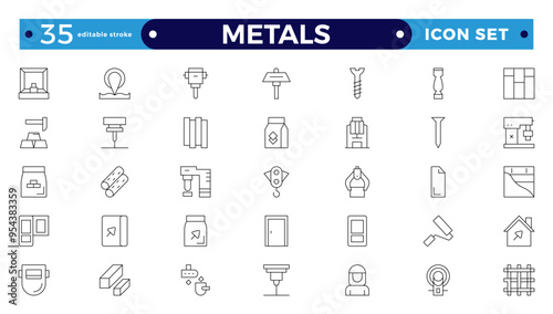 Metals icons set. Outline set of metallurgy vector icons for ui design. Steel products, thin line icon set. Outline icon collection. Editable stroke outline icon. 