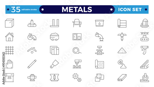 Metals icons set. Outline set of metallurgy vector icons for ui design. Steel products, thin line icon set. Outline icon collection. Editable stroke outline icon. 