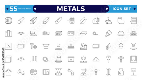 Metals icons set. Outline set of metallurgy vector icons for ui design. Steel products, thin line icon set. Outline icon collection. Editable stroke outline icon. 