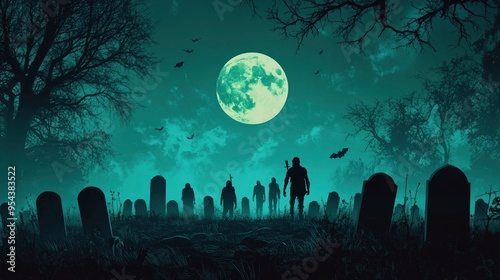 Halloween scary zombie horror graveyard background.Halloween theme with bat and ghost. 