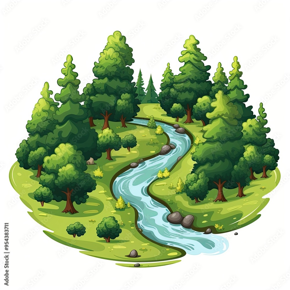 A winding river flows through a lush forest, surrounded by tall trees and green grass. A winding river flows through a lush forest, surrounded by tall trees and green grass.