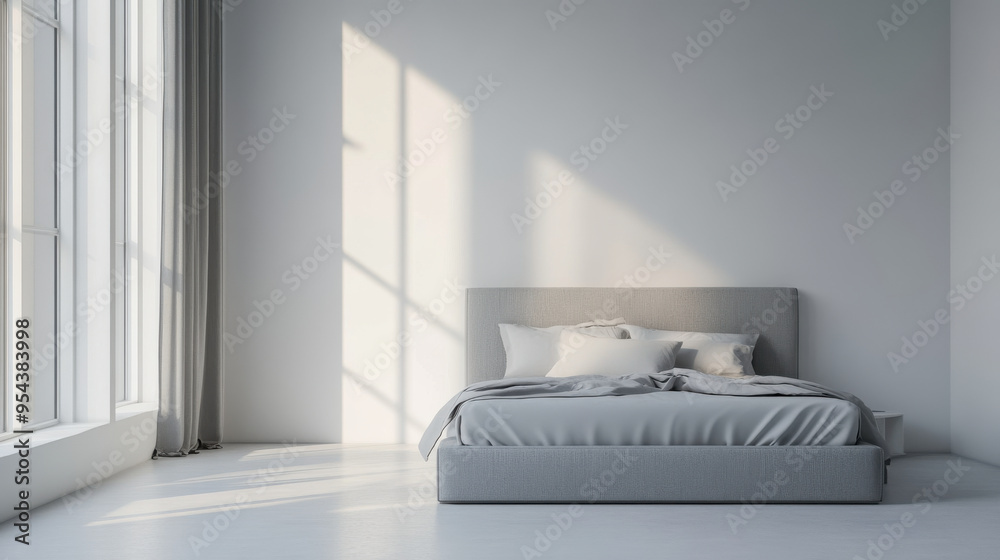 Fototapeta premium Chic minimalist bedroom, grey bed frame, light grey backdrop, white walls, photorealistic