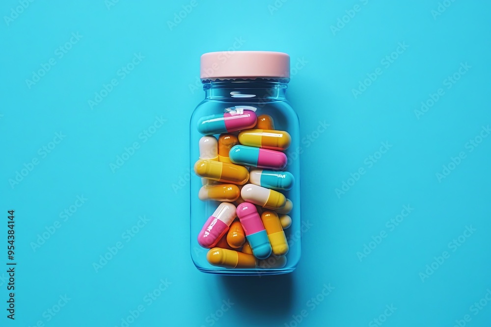 Colorful capsules in a glass bottle on a blue background. Colorful capsules in a glass bottle on a blue background.