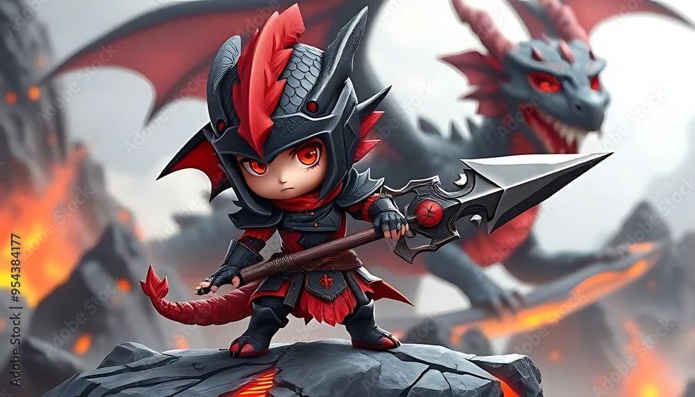 Fantasy Dragon Warrior with Spear Red and Black Armor Cartoon Character D Illustration Fantasy Dragon Warrior with Spear Red and Black Armor Cartoon Character D Illustration