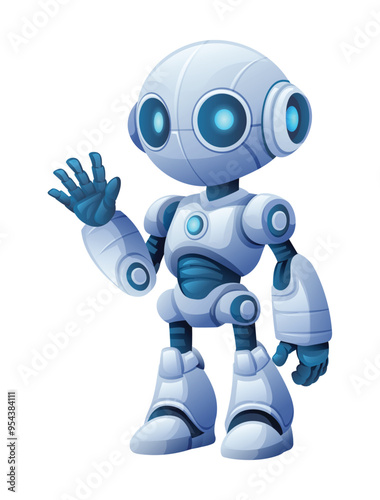 Cute robot character waving hand. Vector cartoon illustration