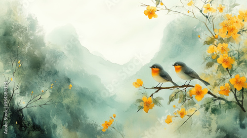Eastern style illustration, seated birds and yellow flowers. AI generative.