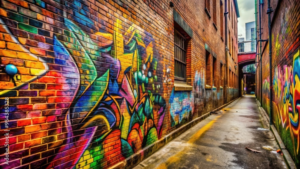 Fototapeta premium Graffiti on a brick wall in a city alleyway , urban, street art, spray paint, vandalized, colorful, underground