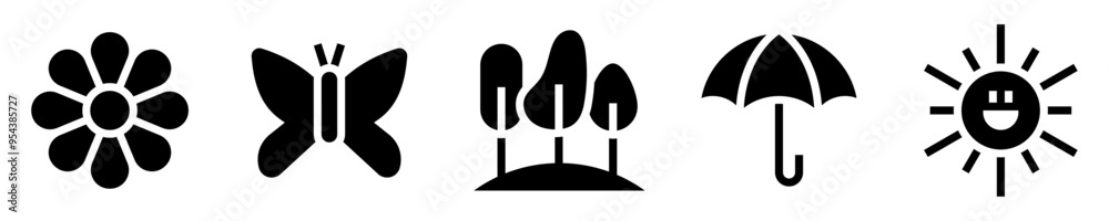Spring icons set. Season and rebirth. Flower, butterfly, trees, umbrella, sun. Solid icons. Vector illustration Spring icons set. Season and rebirth. Flower, butterfly, trees, umbrella, sun. Solid icons. Vector illustration