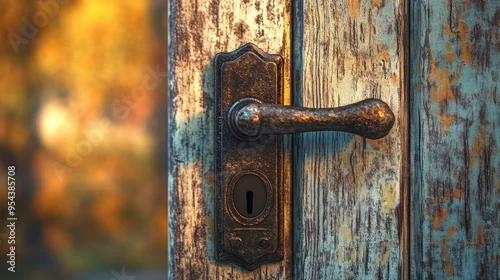 Fototapeta na wymiar Rustic Door Handle on Weathered Wooden Surface