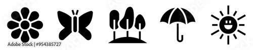 Spring icons set. Season and rebirth. Flower, butterfly, trees, umbrella, sun. Solid icons. Vector illustration