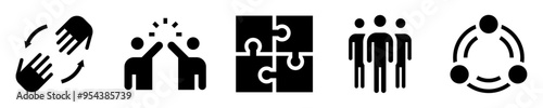 Teamwork icons set. Collaboration. Joined hands, puzzle, group of people, fist bump, people united. Solid icons. Vector illustration
