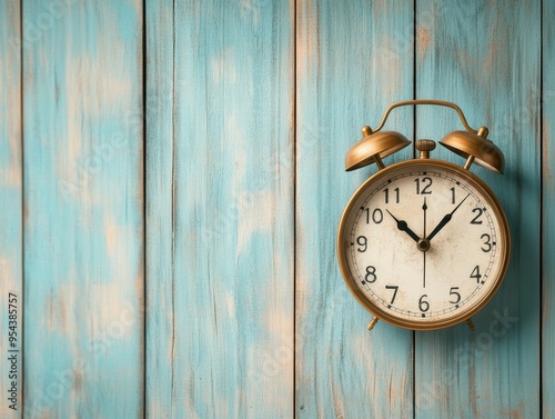 Wallpaper Mural A retro-style alarm clock with a brass finish set against a distressed blue wooden background, evoking a vintage and timeless feel. Torontodigital.ca