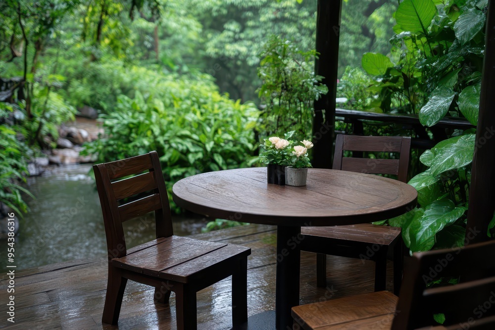 A serene outdoor setting featuring a wooden table and chairs surrounded by lush greenery and a gentle water stream. A serene outdoor setting featuring a wooden table and chairs surrounded by lush greenery and a gentle water stream.
