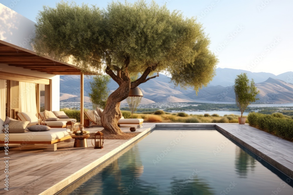 Fototapeta premium Swimming pool in a private luxurious villa. AI generated image.