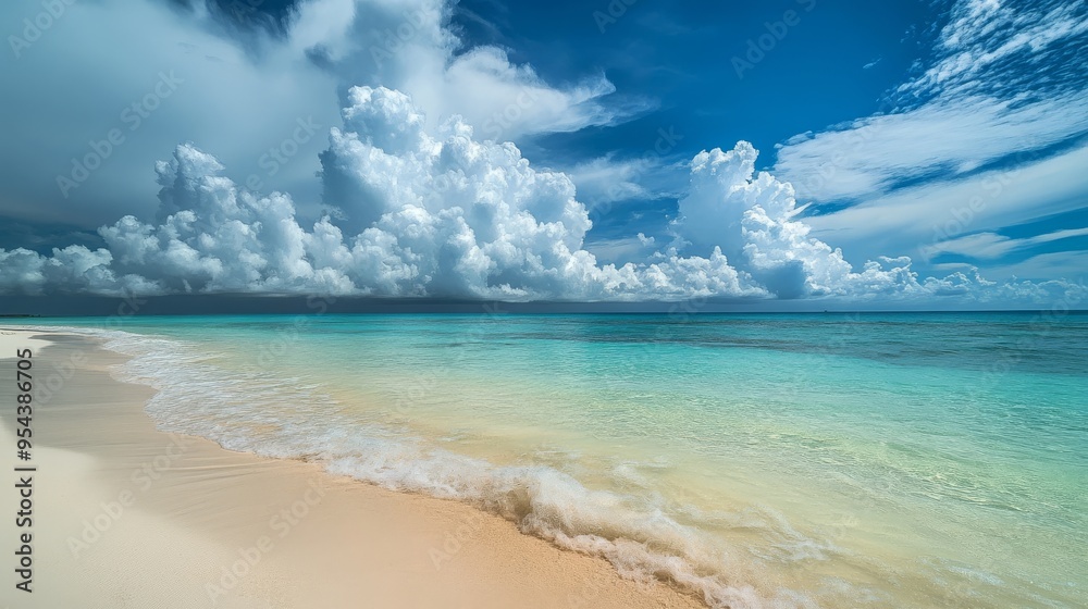 Fototapeta premium Tropical paradise with clear waters, sandy shores, and picturesque clouds.
