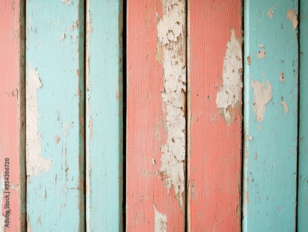 Close-up of distressed wooden boards painted in pastel teal and coral colors with peeling paint, offering a vintage and rustic feel. Close-up of distressed wooden boards painted in pastel teal and coral colors with peeling paint, offering a vintage and rustic feel.