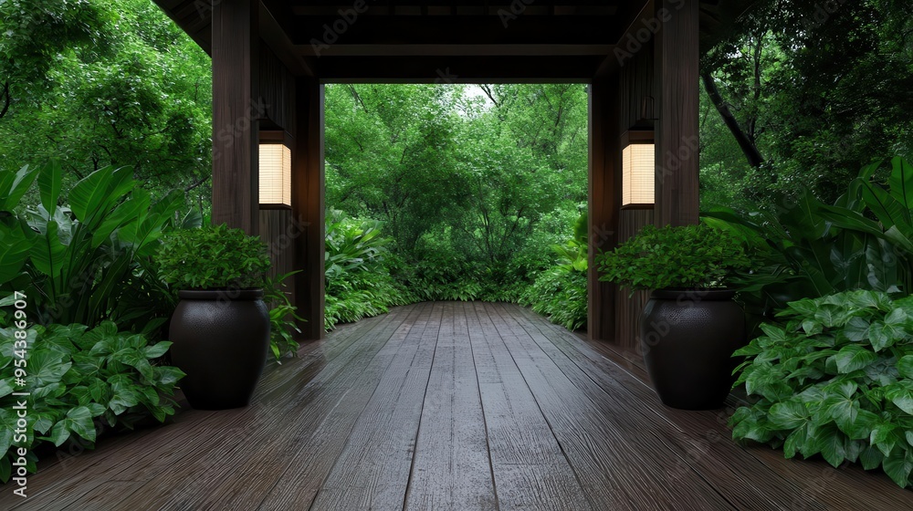 A serene pathway leading through lush greenery, featuring wooden flooring and elegant lanterns, perfect for relaxation and tranquility. A serene pathway leading through lush greenery, featuring wooden flooring and elegant lanterns, perfect for relaxation and tranquility.