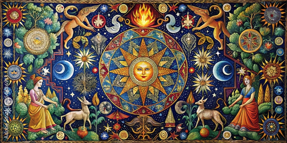 Fototapeta premium Vibrant tapestry features an eclectic mix of ancient pagan symbols, mystical creatures, and celestial bodies, woven
