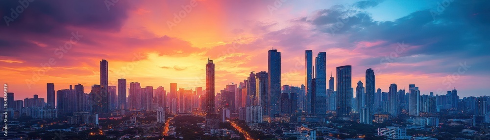 Fototapeta premium Stunning Urban Skyline at Sunset with Vibrant Colors and Modern Skyscrapers