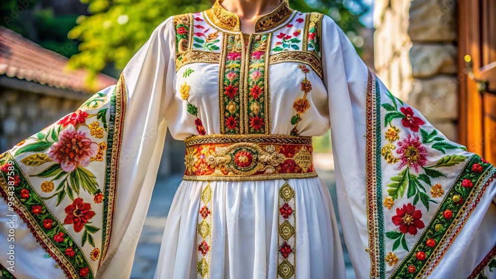 Naklejka premium Vibrant traditional Greek folk dress featuring intricate embroidery and ornate patterns on a flowing white garment with