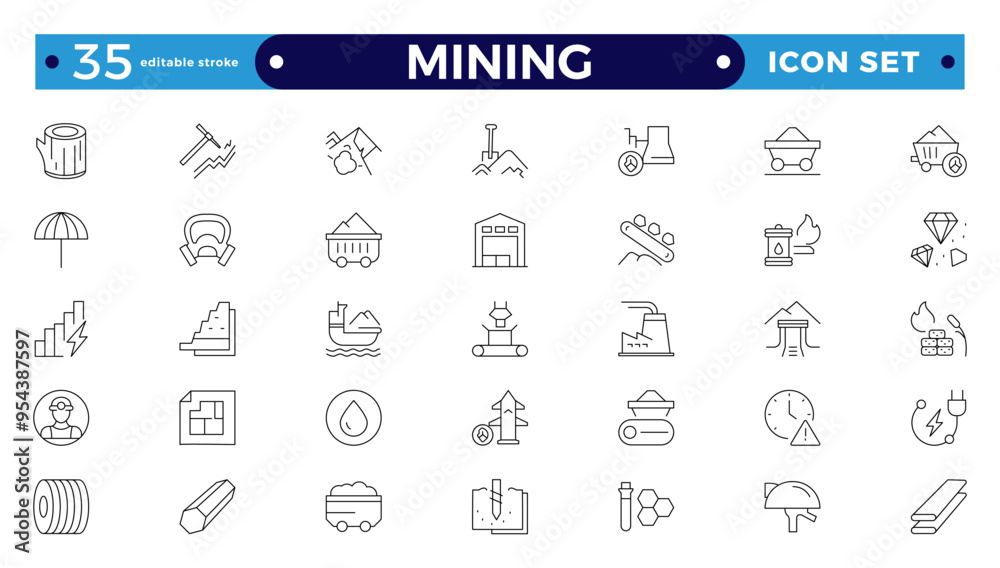 Mining icon set. Containing minerals, gold, pickaxe, miner, excavator, diamond, coal wagon, jackhammer and gold panning icons. Editable stroke outline icon. Mining icon set. Containing minerals, gold, pickaxe, miner, excavator, diamond, coal wagon, jackhammer and gold panning icons. Editable stroke outline icon.