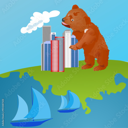 Little bear trying to push back the city buildings. Vector illustration on the theme of saving the natural habitat of bears.