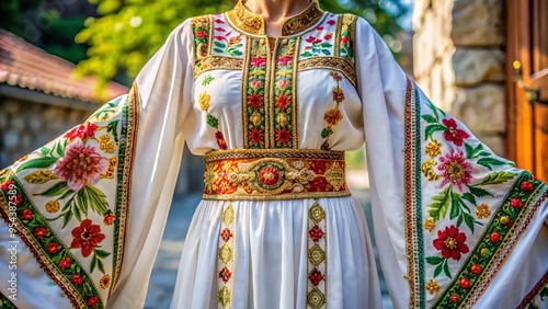 Vibrant traditional Greek folk dress featuring intricate embroidery and ornate patterns on a flowing white garment with photo