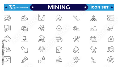 Mining icon set. Containing minerals, gold, pickaxe, miner, excavator, diamond, coal wagon, jackhammer and gold panning icons. Editable stroke outline icon. 