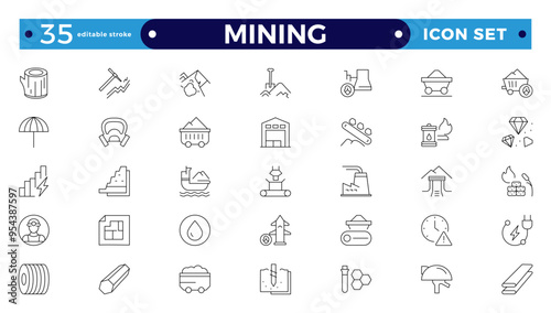 Mining icon set. Containing minerals, gold, pickaxe, miner, excavator, diamond, coal wagon, jackhammer and gold panning icons. Editable stroke outline icon. 