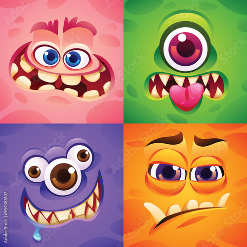 Set of expressive cartoon monster faces with big eyes and sharp teeth. Vector cartoon illustration