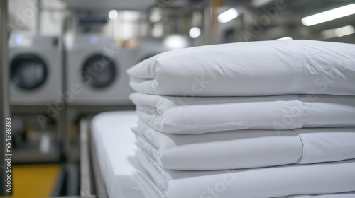 Clean Bed Sheets Piled Near a Large Industrial Washing Machine in a Factory Environment