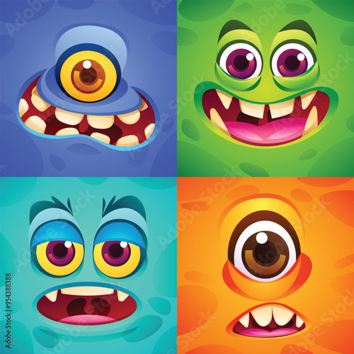 Collection of four funny and quirky cartoon monster faces with unique features. Vector cartoon illustration