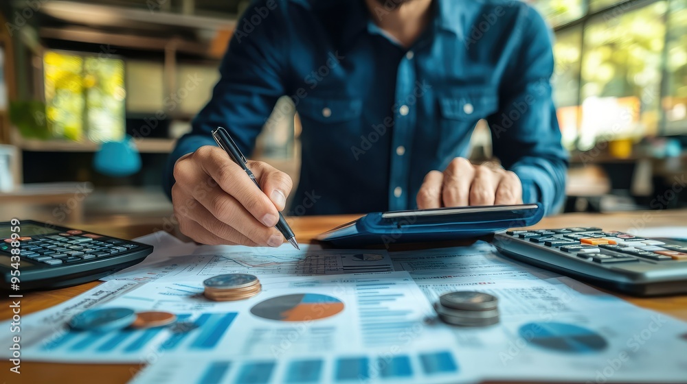 A close-up of a person calculating finances with a calculator, papers, and coins, showcasing financial planning and analysis. A close-up of a person calculating finances with a calculator, papers, and coins, showcasing financial planning and analysis.