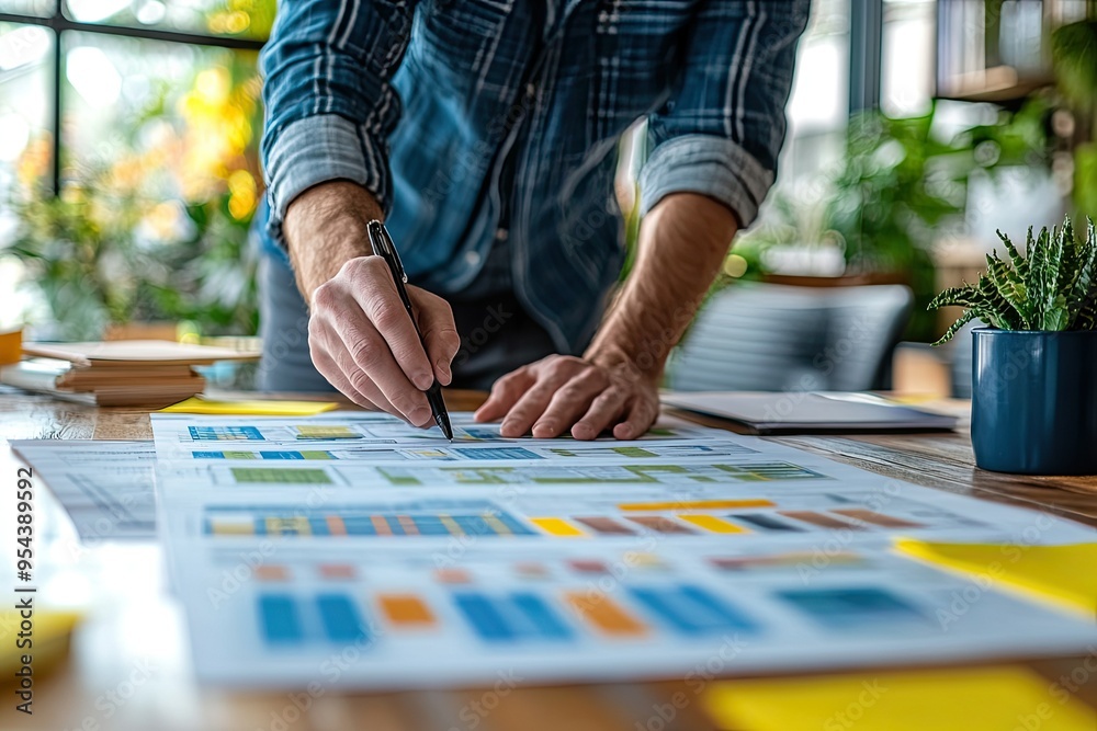 A person analyzing data charts while working at a bright desk, showcasing productivity and modern work environment. A person analyzing data charts while working at a bright desk, showcasing productivity and modern work environment.