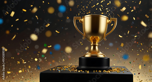 Golden trophy placed on a podium with confetti falling in the background, symbolizing victory and achievement with copy space.

