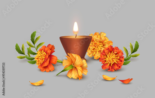 Oil Lamp and marigold flowers. Festive composition for Diwali festival or Day Of Dead