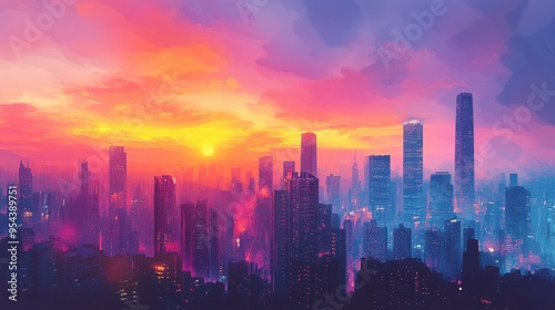 Stunning Sunset Over Modern City Skyline with Skyscrapers and Vibrant Colors in the Sky