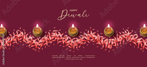 Diwali Festival Banner. Traditional Indian diya lamp and pattern made of petals