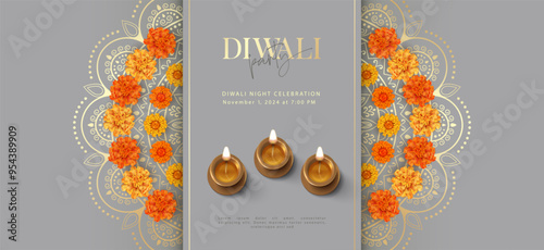 Wallpaper Mural Diwali Festival banner. Traditional Indian diya lamp and Rangoli made of marigold flowers Torontodigital.ca